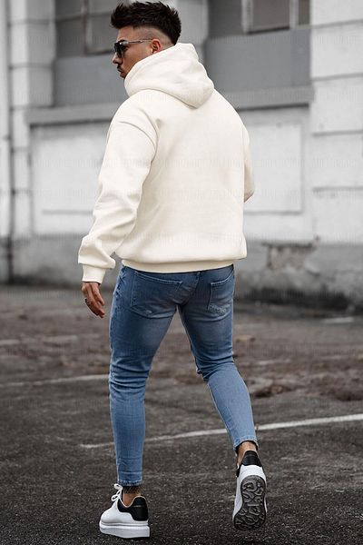 Millionaire Men's Off-White Cream Ecru Spectacular Printed 3 thread Tiered Hoodie Kangaroo Pocket Oversize Sa