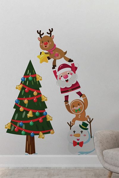 Dijitalya Christmas Tree And Cute Friends Decorative Baby Kids Room Decorative Wall Glass Ornament Sticker