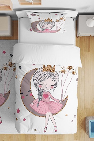 EVPANYA Beyaz Ay Üstündeki Prenses Desenli Tek Kişilik Bebek Çocuk Nevresim T...