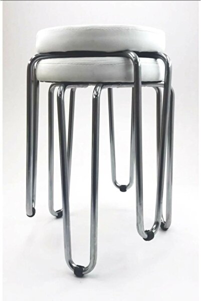 White Furniture 2 Adet Beyaz Metal Ayaklı Deri Tabure Üç Bacak