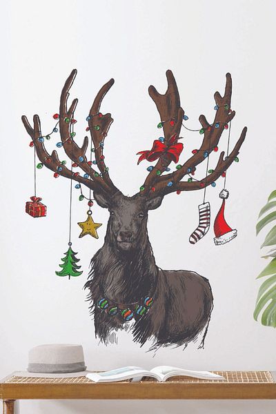 Dijitalya Christmas Themed Deer Drawing New Year Decorative Wall Glass Sticker