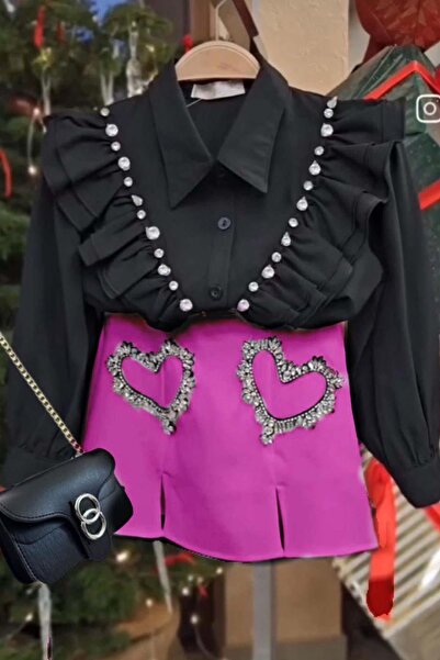 Riccotarz Girl's Stone Embroidered Ruffle Pink Skirt Suit