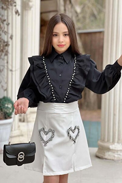 Riccotarz Girl's Stone Embroidered Frilly White Skirt Suit