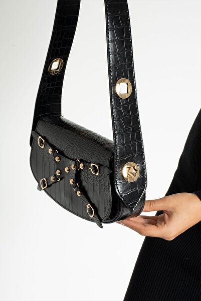Silblack Kadın Kroko Desenli Baget Model Ayarlanabilir Kilit Askılı Manç Omuz Çanta