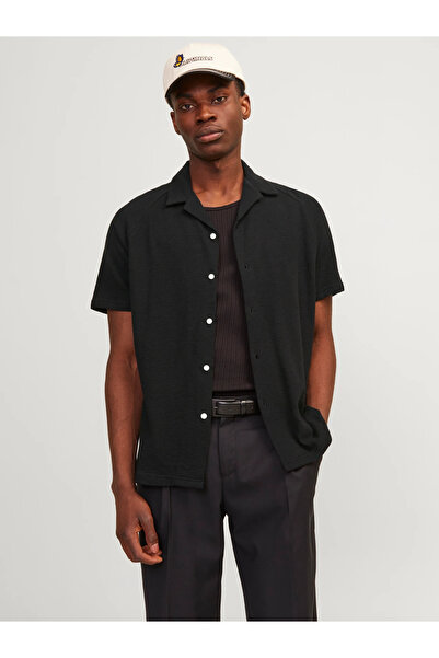 Jack & Jones Relax Fit Erkek Kısa Kollu Siyah Keten Gömlek - 12256235