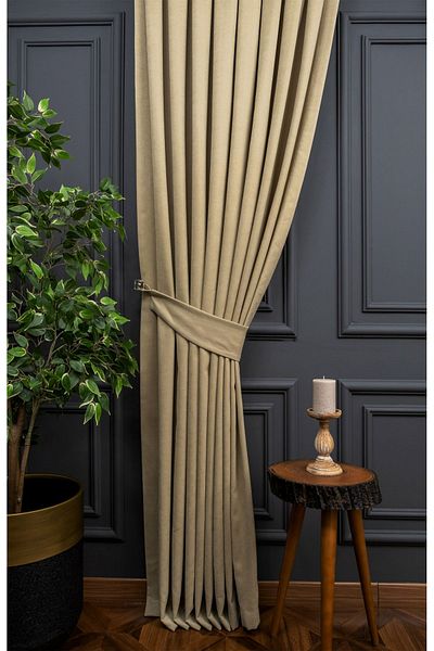 Evdepo Home Crown Stone Solid Color Background Curtain, Pleatless Flat Planting, Extraphore Drawstring, Single Wing
