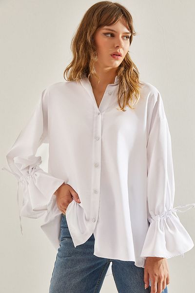 Bianco Lucci Jewelled Buttoned Pleated Shirt - Women's, Sleeve Shirred,60251128