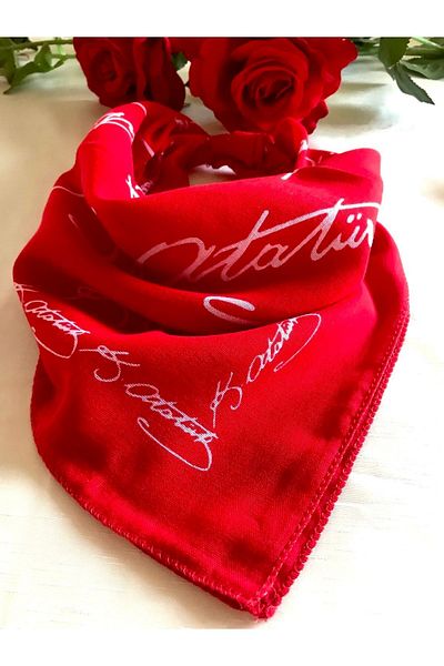 alsaccessories White Color Ataturk Signed 100% Cotton Bandana in 10 Pieces of Red Color