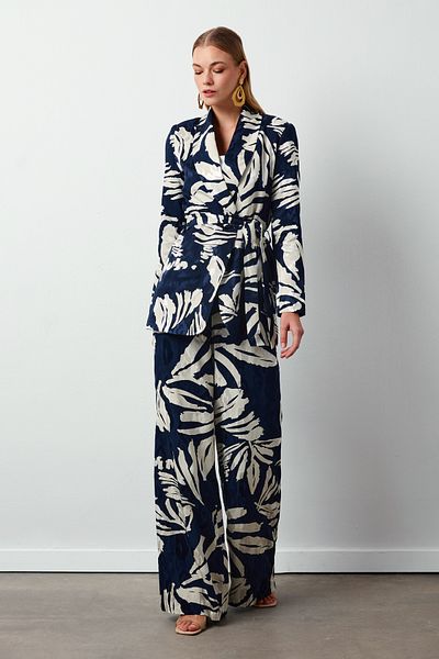Sateen Floral Patterned Satin Trousers - Dark Blue