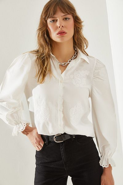 Bianco Lucci Linen Embroidered Women's Shirt - Scalloped Sleeve60251186
