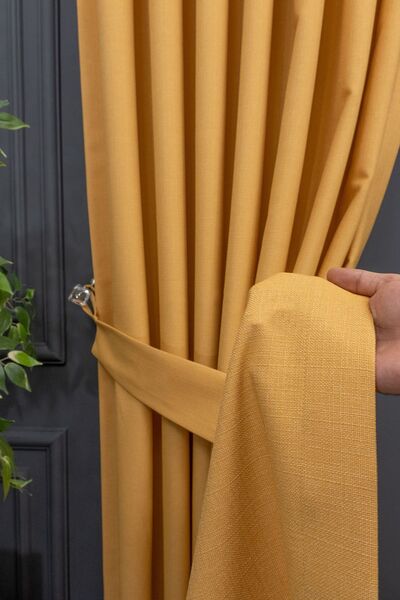 Evdepo Home Taç Hardal Düz Renk Keten Fon Perde, Pilesiz Düz Dikim, Ekstrafor...