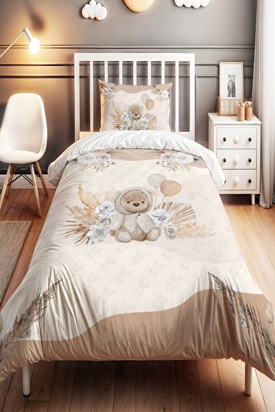 EVPANYA Krem Ayıcık Desenli Tek Kişilik Bebek Çocuk Nevresim Seti