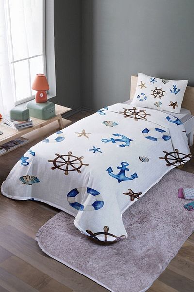 EVPANYA Set de cuvertură de pat și piqué cu model Anchor Home Rudder