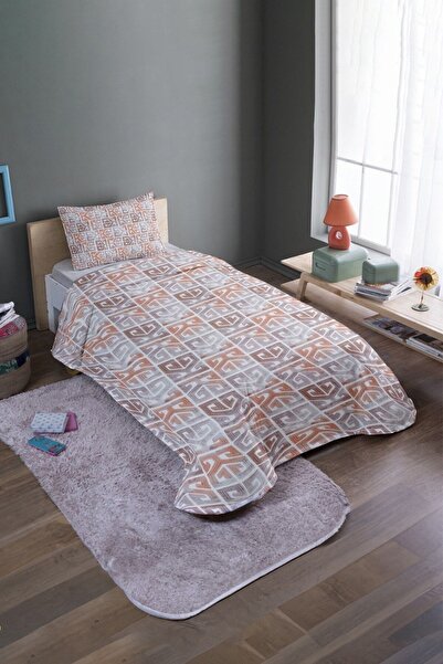 EVPANYA Yunan Kilidi Desenli Tek Kişilik Yatak Örtüsü Ve Pike Takımı