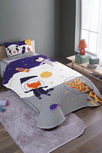 EVPANYA Astronot Safari Desenli Tek Kişilik Pike Takımı Ve Yatak Örtüsü