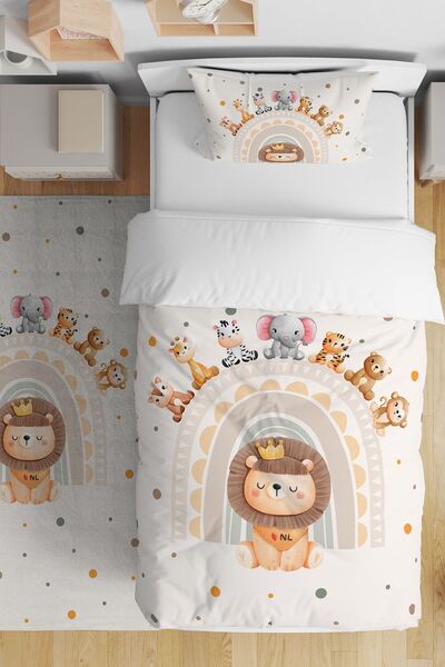 EVPANYA طقم سرير أطفال فردي بتصميم قوس قزح كريمي بنمط سفاري