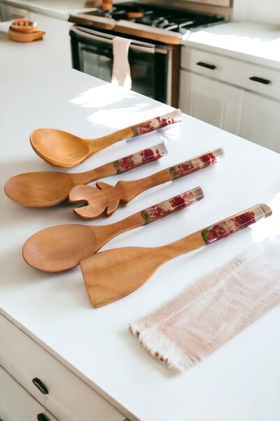 LOTUSSPOON Gül Serisi Premium 5 Parça El Yapımı Mutfak Servis Ve Pişirme Seti...