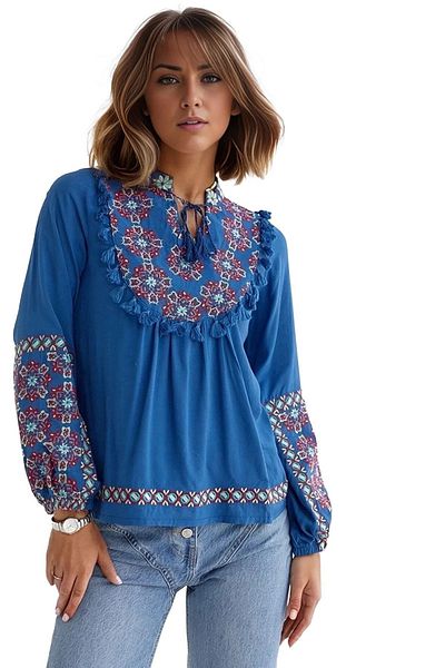 Cassime Bluză de damă vintage cu broderie etnică - mânecă elastică
