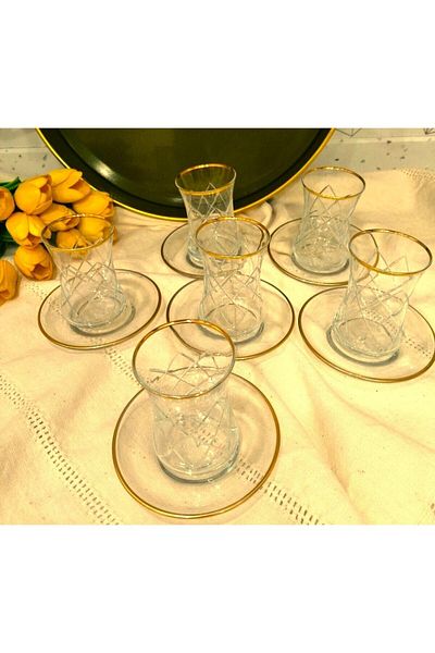 Dnz 12 Pieces 6 Person Lava Duru Berlin Gold Polishing Tea Set