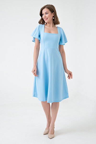 Secret Passion Lingerie Dámské volánové rukávy baby blue flexibilní potápěčská krepová látka čtvercový límec večerní šaty midi délky 082