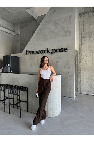 Laluvia Parla Women's Lycra Velcro Closure Brown Palazzo Trousers