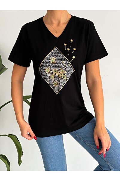 REMENY Γυναικείο μπλουζάκι με λαιμόκοψη με λαιμόκοψη μαύρου ραδικιού με παγιέτα κέντημα με κέντημα από βαμβακερό σχέδιο