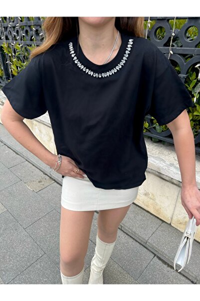 Bianco Lucci Γυναικείο χτενισμένο βαμβακερό μπλουζάκι από πέτρα - γιακά60211011