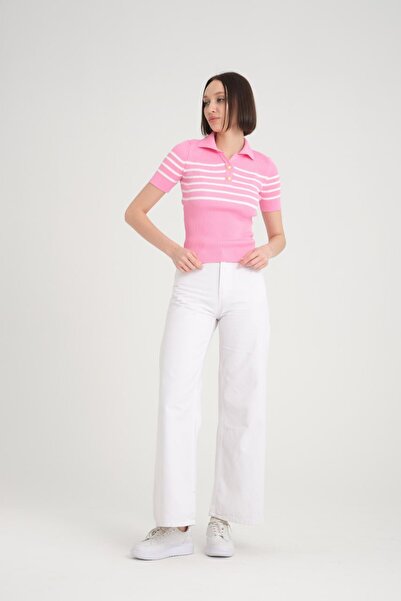 İLKCET MODA Εύκαμπτο πλεκτό με ριγέ V λαιμόκοψη