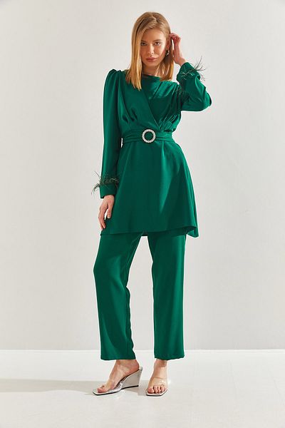 Bianco Lucci Women's Two Pieces Set - Modest Trousers, Sleeves and Belt Detail60211019