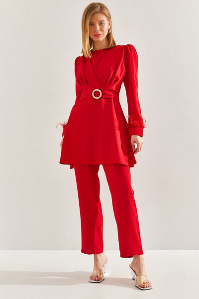 Bianco Lucci Zweiteiliges Set für Damen – schlichte Hose, Ärmel und Gürteldetail 60211019