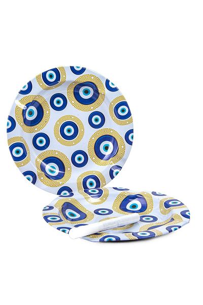 Emtory Home Σετ 2 Μπλε χρυσό μοτίβο με μοτίβο μεταλλικό τασάκι - Μεταλλικό τασάκι - Επιτραπέζιο τασάκι - Πιάτο τασάκι