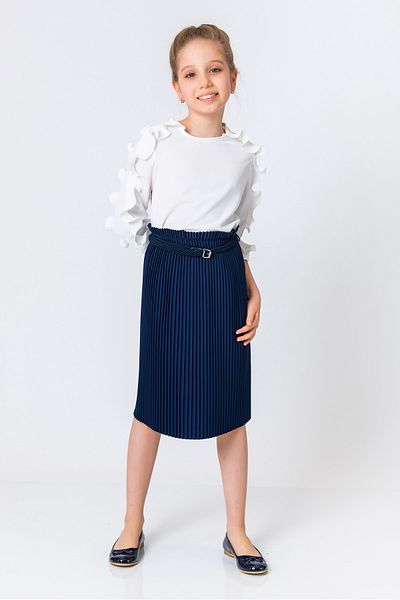 incity Girl's Navy Blue Belted Elastic Waist Pleated Midi Skirt