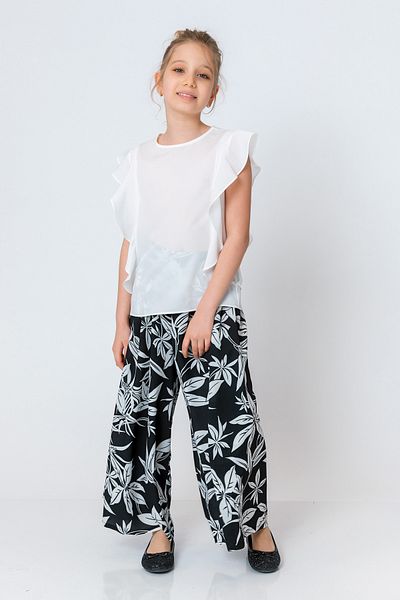 incity Girl's Black Flower Patterned Wide Leg Trousers
