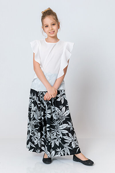 incity Girl's Black Flower Patterned Wide Leg Trousers