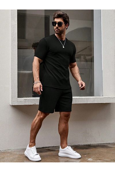 DAXİS Sportwear Company Men's Shorts T-shirt Set - Oversize Crew Neck T-shirt Shorts Black