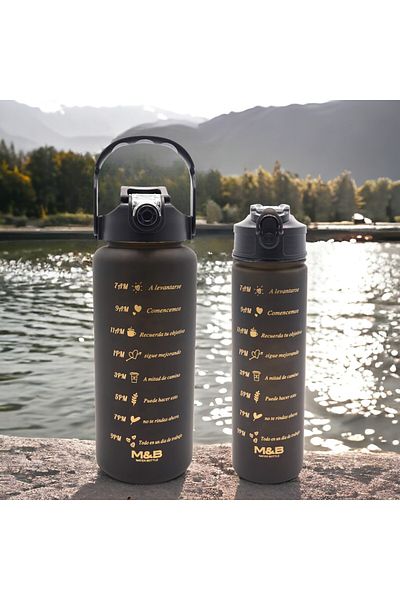 M&B WATER BOTTLE Set of 2 Motivational Water Bottles - Daily and Outdoor Sports Water Bottle, Straw Drinker 2000-900 ml