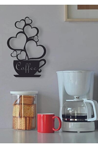 10kdekor Siyah Ahşap Coffee Fincan Kalp Duvar Dekoru - Mutfak Konsepti Cafe K...