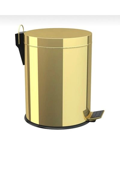 İSAOĞLU YAPI Gold Dustbin Gold Brush Set Bathroom Accessory Gold Pedal Bucket Premium