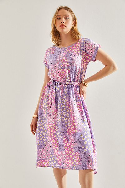 Bianco Lucci Viscose Patterned Belted Women's Dress -60221003