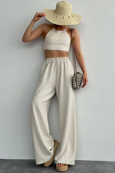 LOOSH Kadın Taş Rengi Yüksek Bel Keten Görünümlü Leg Pantolon