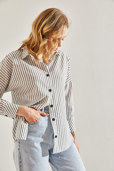 Bianco Lucci Striped Seersucker Women's Shirt -60221017