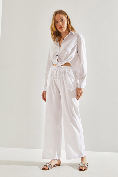 Bianco Lucci Women's Shiny Striped Trousers - Front Tie Detail60221021