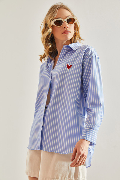 Bianco Lucci Жіноча вишиванка з вишитим серцем Гомбе в смужку 60221016