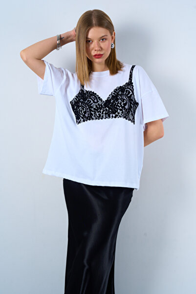 LOOSH Tricou alb din bumbac, cu model, cu decolteu triplu, alb