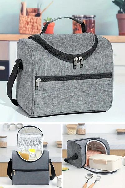 Ecrou Gray Thermal Lunch Food Bag - Double Zipper and Foldable, for School and Office