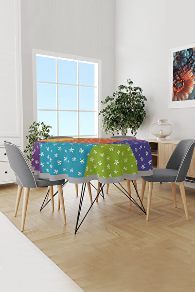 Moud's Piece Floral Patterned Round Suede Carefree Tablecloth