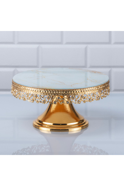 Hinora Mermer Desen Yuvarlak Pastalık Kek Standı Taşlı Sunumluk Altın Metal İ...
