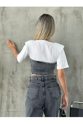 AB LOOKS Kad n Siyah Fume Korse Detayl Denim T shirt Vatkal Kot Detayl K sa Kollu Jean Ti ort Fiyat Yorumlar Trendyol