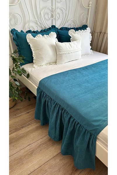Decamor home Miya 3-Piece Vintage Frilly Alaçatı Blue Double Bed Runner Set