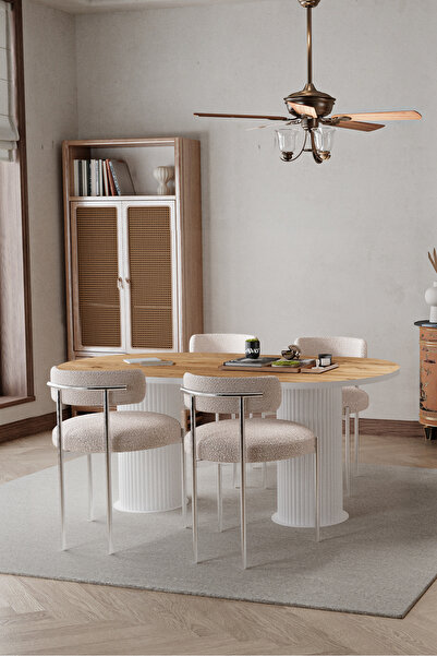 AVVİO Daici Beyaz Bohem Ayak 80x160 Mutfak Masa Teddy Sandalye Takımı